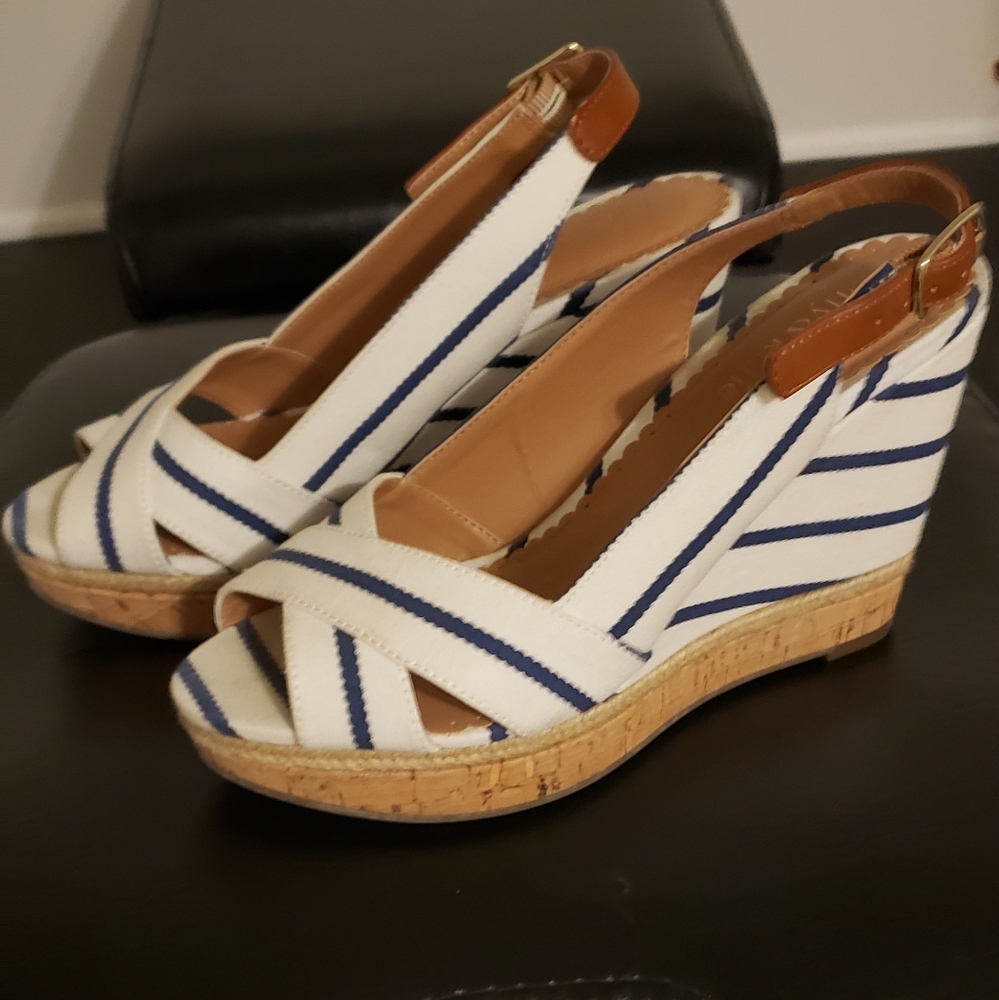 Size 6 navy stripe wedges